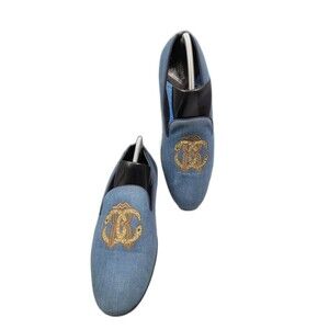 Roberto Cavalli Men's Blue Denim Loafer 44 EUR Slip-On Embroidered Made In Italy